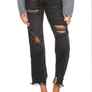 Free People We The Free Tapered Baggy Boyfriend Distressed Jeans Obsidian (28)